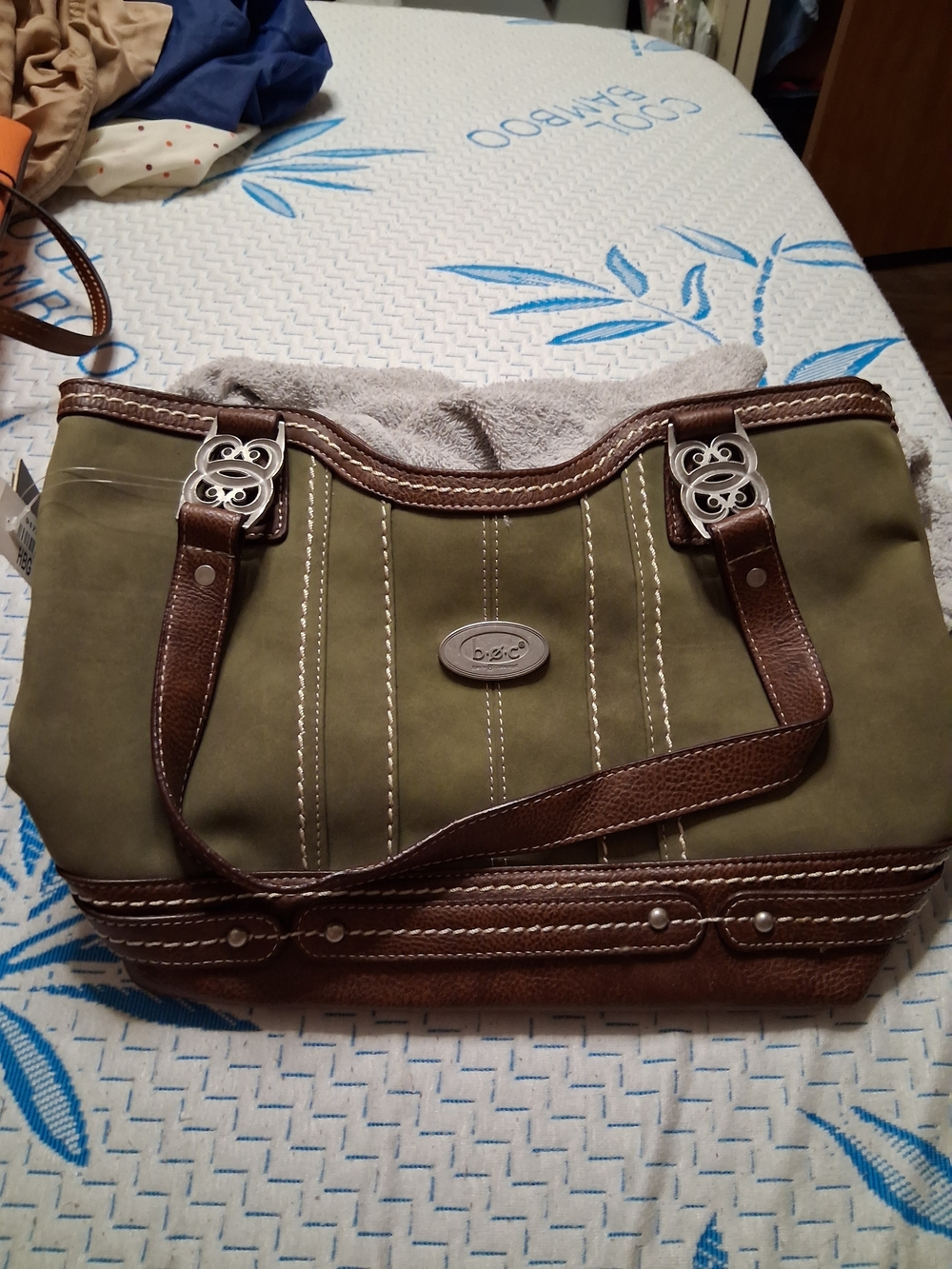 b.o.c. Olive and Brown Canvas Shoulder Bag with Silver-Tone Accents
